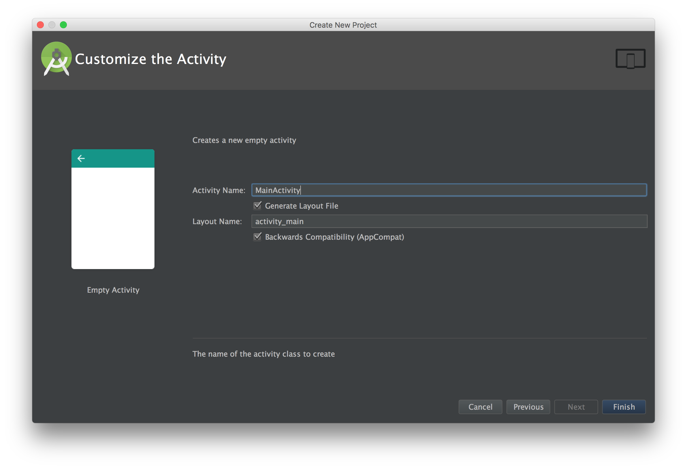 Creating a new activity in Android Studio