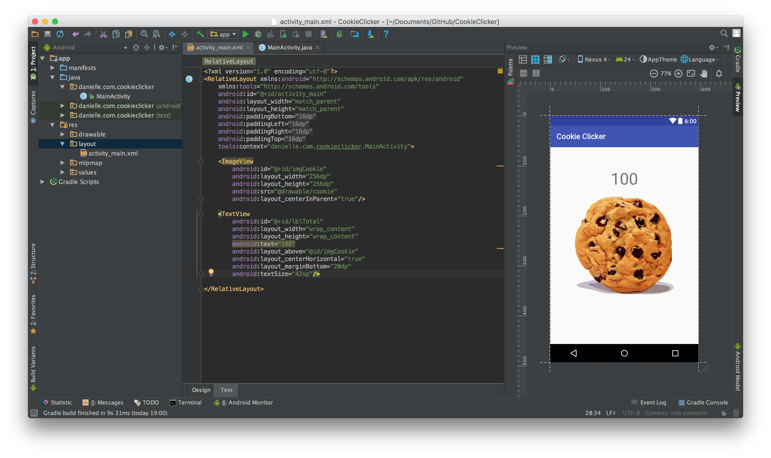 The cookie clicker layout file in Android Studio